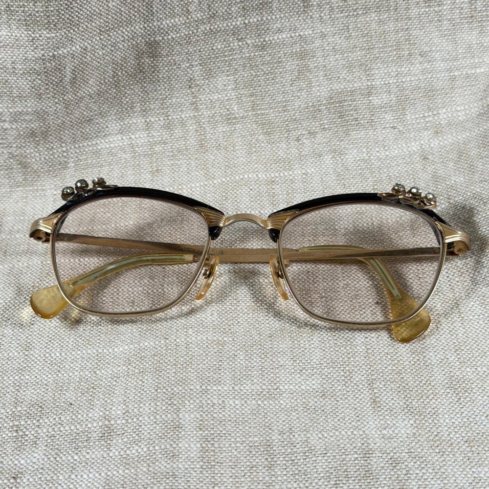 Vintage 1950s Cat Eye Glasses, Rhinestone Gold & Black Browline Frames